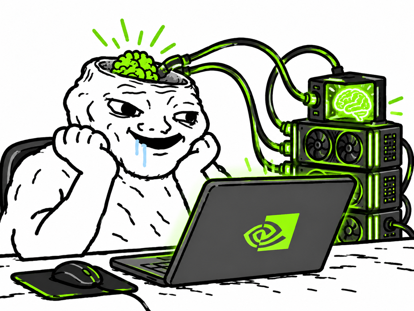 LOWIQ mascot outsourcing its brain to an AI computer